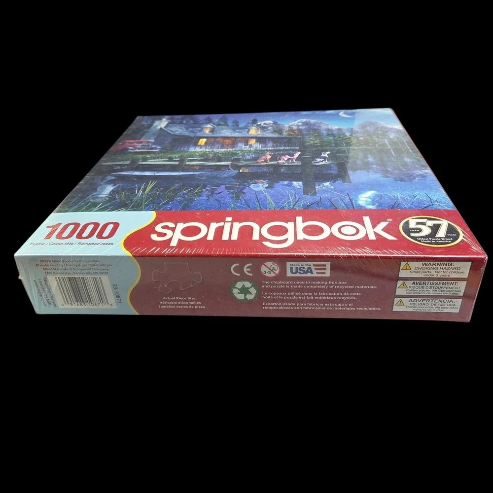 Springbok Moonlit Night 1000 Piece Puzzle 24 x 30 Dogs Cabin Lake Mountains New‎